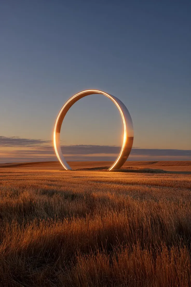 Anel de luz sobre um campo ao entardecer