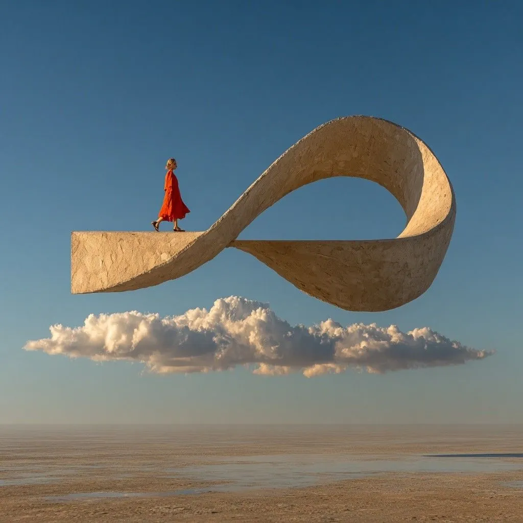 Pessoa caminhando sobre uma escultura em forma de infinito acima das nuvens